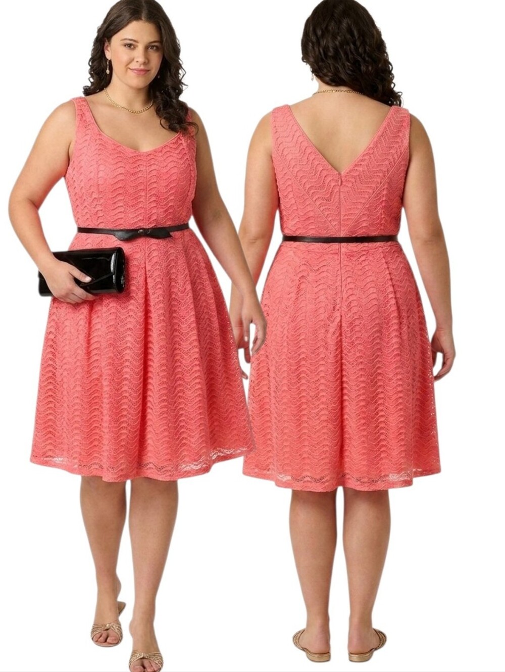 Luxe By Carmen Marc Valvo Coral Pink Eyelet Lace Fit-and-Flare Dress - Size 20